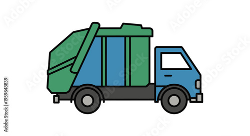 A blue and green garbage truck.