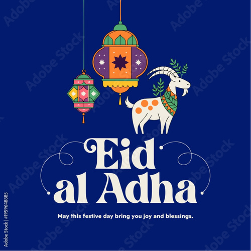 “Islamic Festival Eid al Adha Background with Lanterns and Goat Vector”