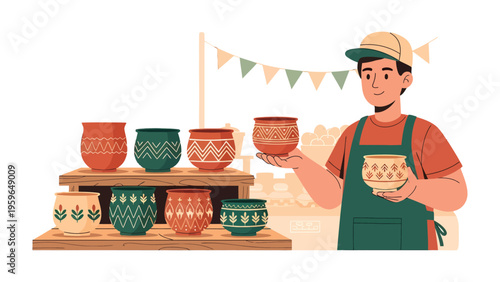 Craft Fair Delight: An artisan, adorned in a cap and apron, proudly presents a handcrafted pot at a vibrant craft fair, showcasing a stunning array of pottery. 