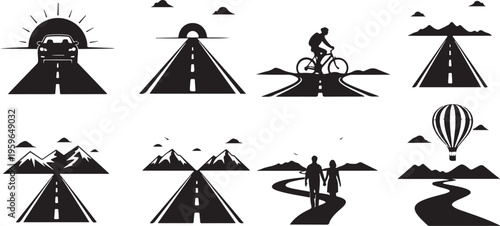 Black and white road trip icons with mountain scenery