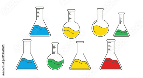 Beakers with colored liquids in laboratory.