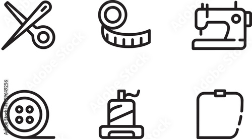 Sewing Icons Set: Scissors, Tape Measure, Sewing Machine, Button, Thread And Bobbin