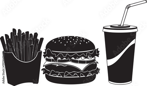 Fast food meal with fries, burger and soda illustration