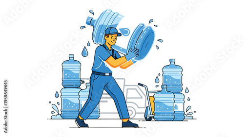 Water Delivery: An illustration of a worker delivers water bottles, highlighting the importance of hydration and refreshment.