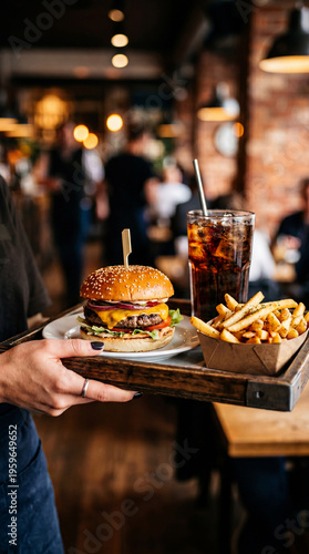 Waiter Serving Cheeseburger Meal with French Fries and Cold Soda on Tray in Busy Restaurant, Fast Food Menu, Casual Cafe Atmosphere, Vertical bg