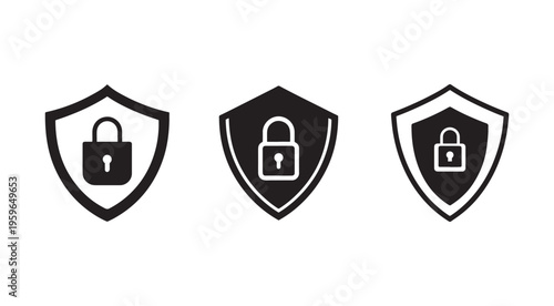 Shield and padlock security icons set for protection and safety concepts  various shield shapes with padlock designs