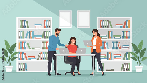 Three colleagues collaborating around a desk with a laptop and plants. Modern office environment with plants and bookshelves around them from a front viewpoint