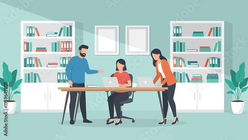 Three colleagues collaborating around a desk with a laptop and plants. Modern office environment with plants and bookshelves around them from a front viewpoint