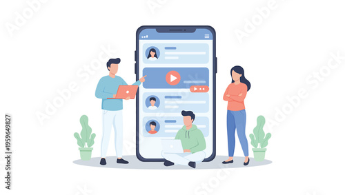 Team collaborating on creating a video tutorial or online course. Social media management and data analysis concept