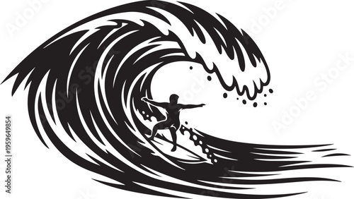 Surfer riding a large wave in a black illustration