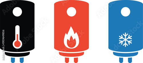 Water heater vector illustration, boiler operation icon set, hot and cold water indicators, thermostat temperature control, climate management system, gas burner, geyser and freezer symbols