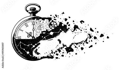 Time and Space Concept Pocket Watch Transforming into Galaxy Vector Art