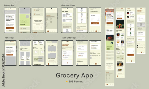 Set of modern web design elements including buttons, icons, and interface components for user navigation, UI Kit Mobile App Grocery Store Online