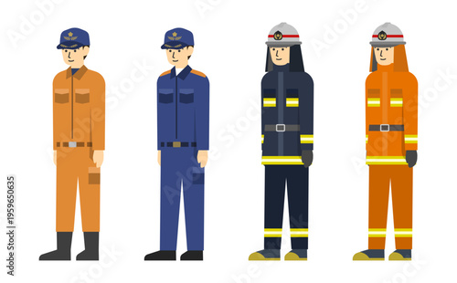 フラットイラスト：いろんな制服の消防士セット