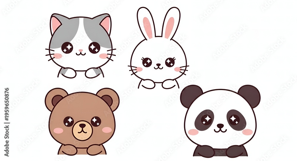 Obraz premium Kawaii Style Adorable Animals Cat Bunny Bear Panda Illustration