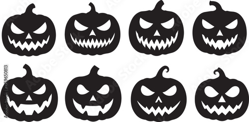 Collection of spooky black jack-o-lanterns on white background