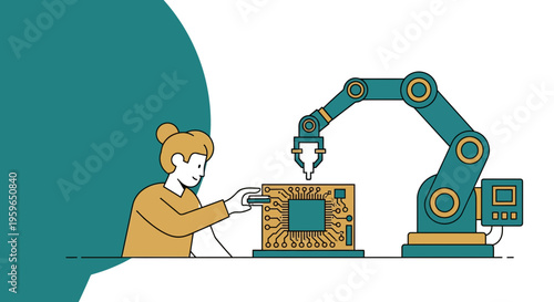 Woman working with robotic arm technology.