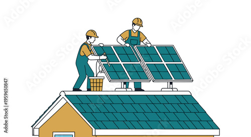Two workers installing solar panels roof.
