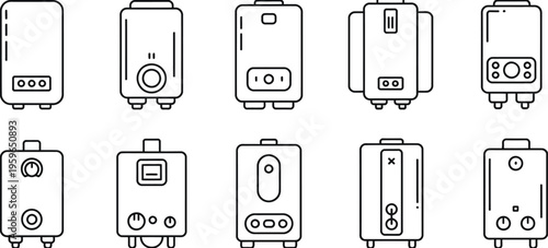 Water heater outline icons set, modern boiler appliances, home heating and hot water system