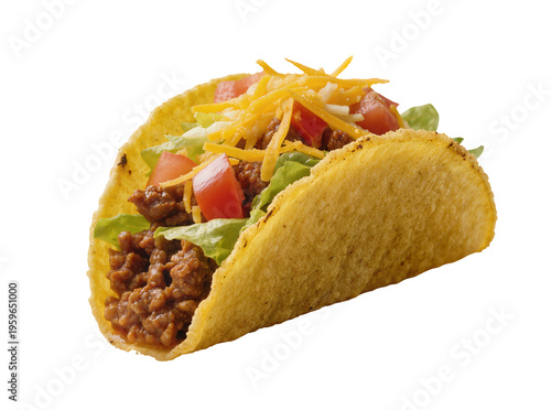 Authentic hard-shell beef taco filled with seasoned ground meat, fresh lettuce, diced tomatoes, and shredded cheese, isolated PNG perfect for food photography