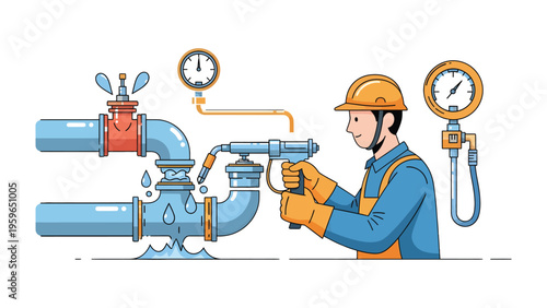 Plumbing Repair Illustration: A skilled plumber addresses a critical water pipe leak, expertly wielding his tools amidst precise pressure readings. 