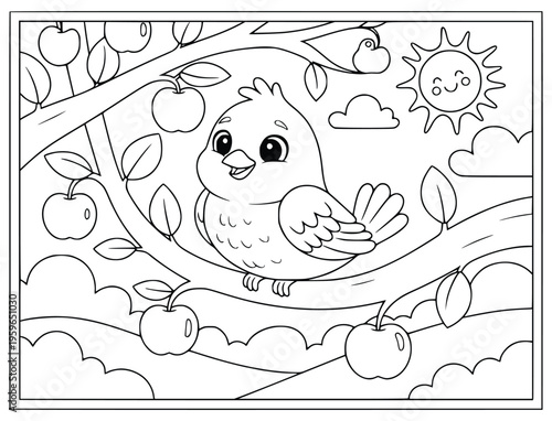 Apple coloring page showing a happy bird sitting on a branch in the orchard