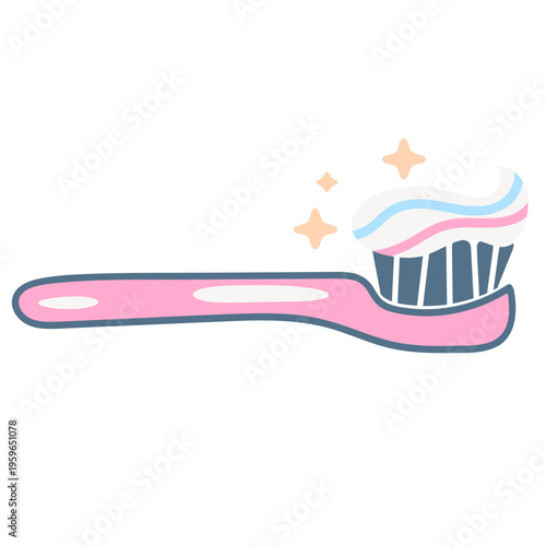 A pink toothbrush with blue and pink bristles and soap bubbles in a minimalist vector illustration