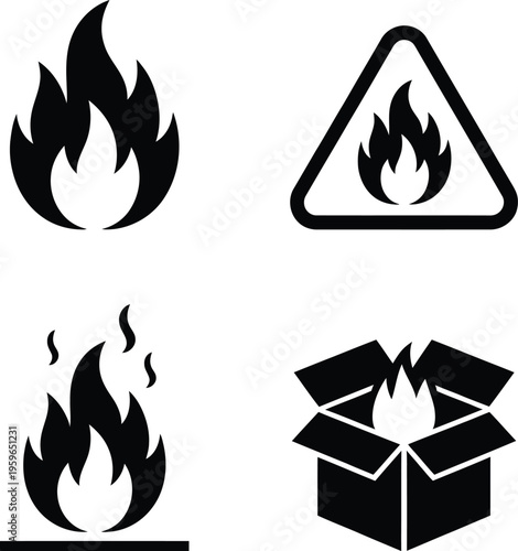 Symbols indicating fire and flammable warnings in various contexts