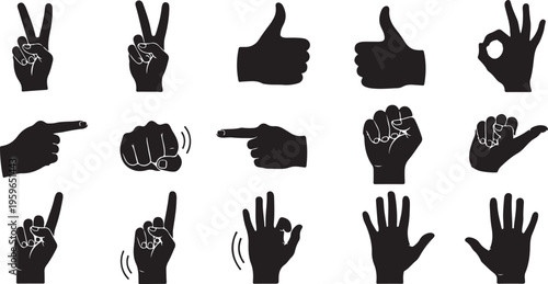 Hand gestures and signs in black silhouette vector graphics