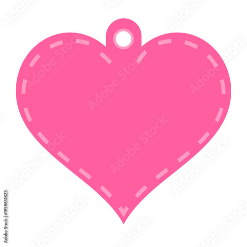 A pink heart-shaped icon with a stitched design and a hole at the top