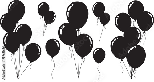 Black balloons floating in the air on white background