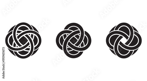 Three black and white knot designs on white background  abstract geometric shapes  knot patterns