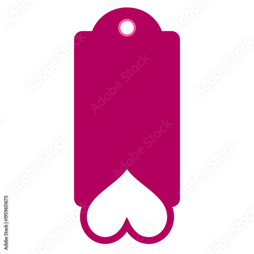A minimalist pink tag icon with a heart-shaped bottom and a hole at the top, designed as a flat vector graphic