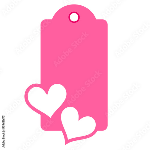 A pink gift tag icon with two white hearts and a hole at the top for a string, designed as a flat vector graphic