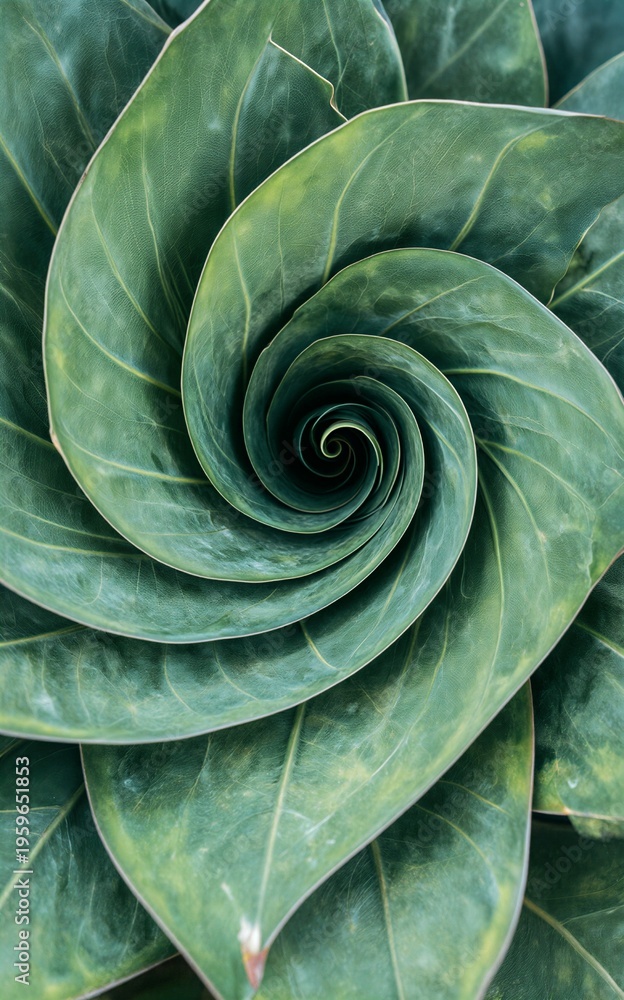 Fototapeta premium Spiral green leaves form a mesmerizing natural geometric pattern.