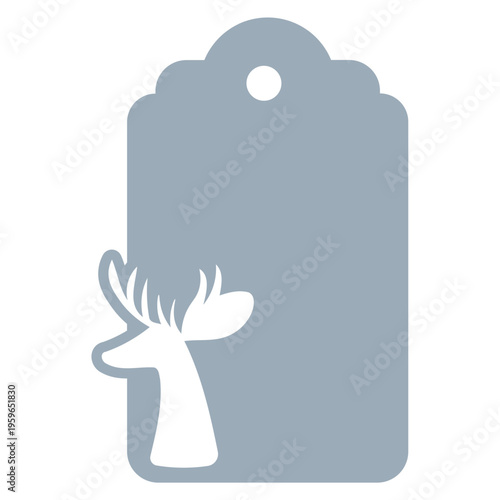 A minimalist vector graphic of a deer head silhouette on a gray tag with a hole at the top