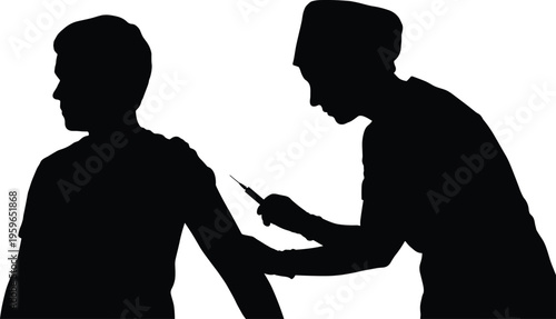 vaccination silhouette scene, doctor giving injection, healthcare immunization concept, medical syringe illustration, patient treatment process, black white vector health care design