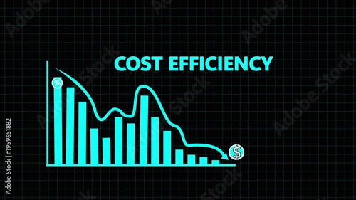 Line bar graph illustrating cost efficiency with percentage symbols and a dollar sign arrow indicating downward trend on a dark background Keywords: cost efficiency, financial graph. 4k