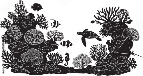 Black and white coral reef with sea turtle illustration