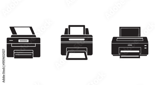 Three black and white printer icons with different paper tray positions  office equipment symbols for document printing and scanning