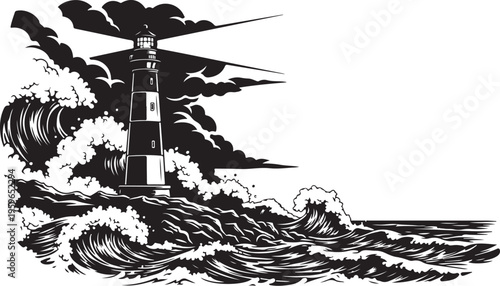 Dramatic black and white lighthouse standing against turbulent ocean waves