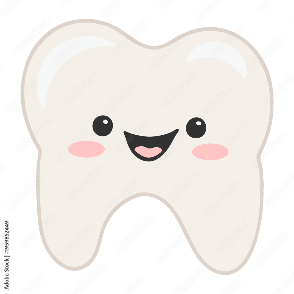 Obraz premium A cheerful cartoon tooth with a smiling face and rosy cheeks on a white background