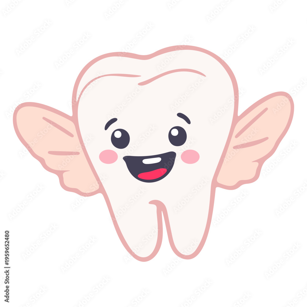Obraz premium A cheerful cartoon tooth with wings and a smile