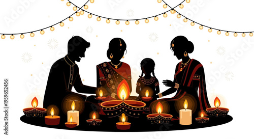 Diwali, Diwali celebration, family with candles, Indian festival of lights, vector illustration