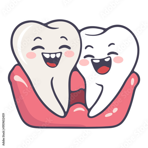 A cartoon illustration of two smiling teeth with rosy cheeks on a pink gum
