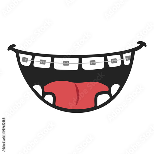 A cartoon illustration of a smiling mouth with teeth and tongue