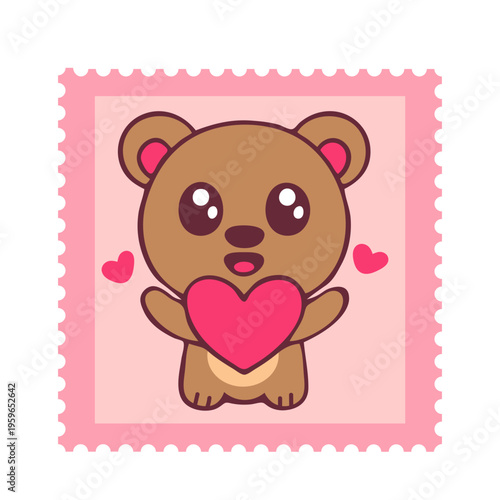 A cute cartoon bear holding a heart on a pink stamp