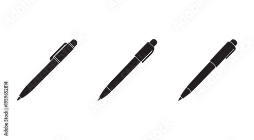 Three black ballpoint pens in different positions on white background  office supplies