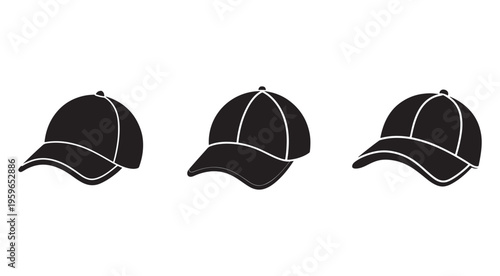 Three black baseball caps with white outlines in different positions on white background