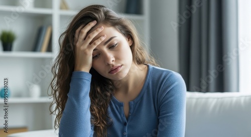 A woman sitting on a couch looking stressed